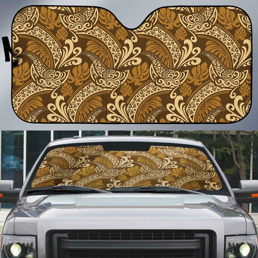 Brown Gold Monstera Auto Sun Shade Polynesian Tribal Pattern - Polynesian Pride
