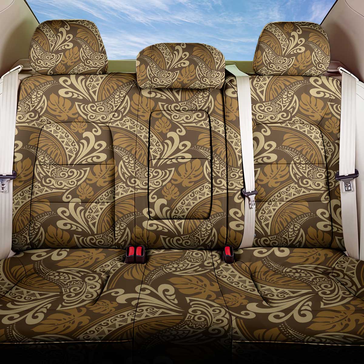 Brown Gold Monstera Back Car Seat Cover Polynesian Tribal Pattern LT01 One Size Gold - Polynesian Pride
