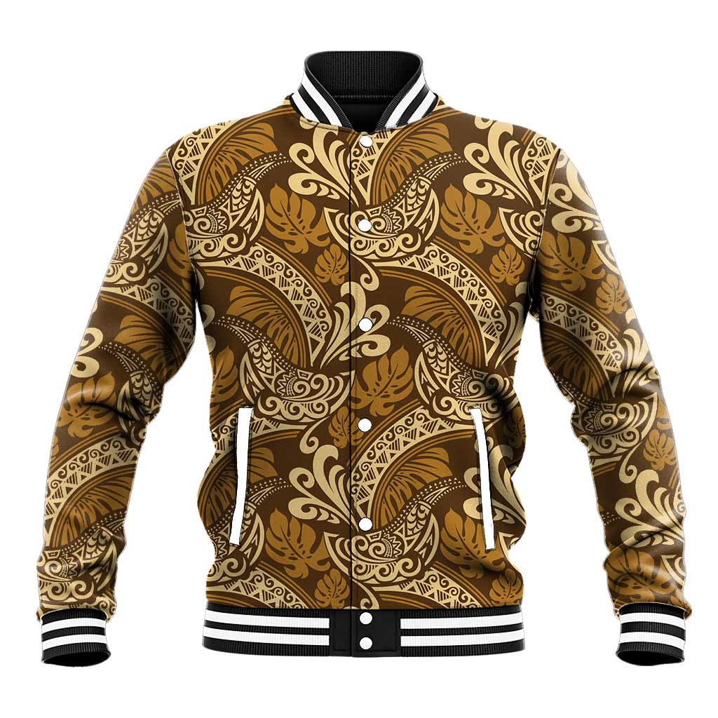 Brown Gold Monstera Baseball Jacket Polynesian Tribal Pattern LT01 Unisex Gold - Polynesian Pride