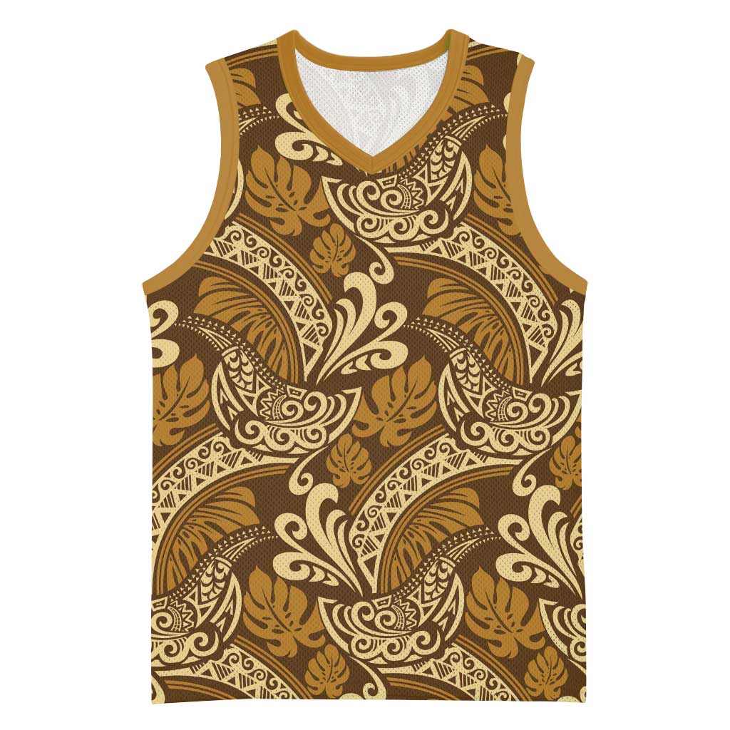 Brown Gold Monstera Basketball Jersey Polynesian Tribal Pattern LT01 Unisex Gold - Polynesian Pride