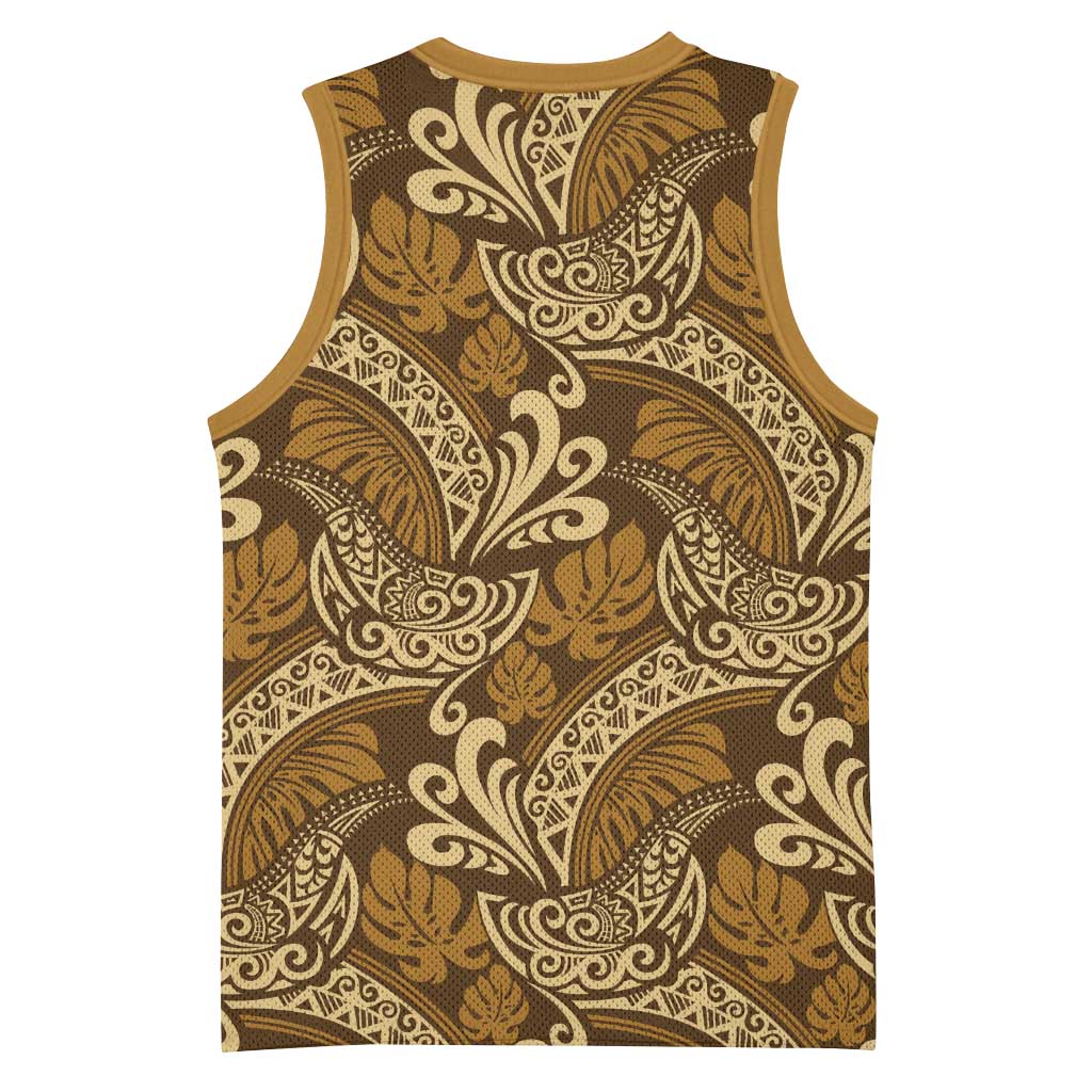Brown Gold Monstera Basketball Jersey Polynesian Tribal Pattern LT01 - Polynesian Pride