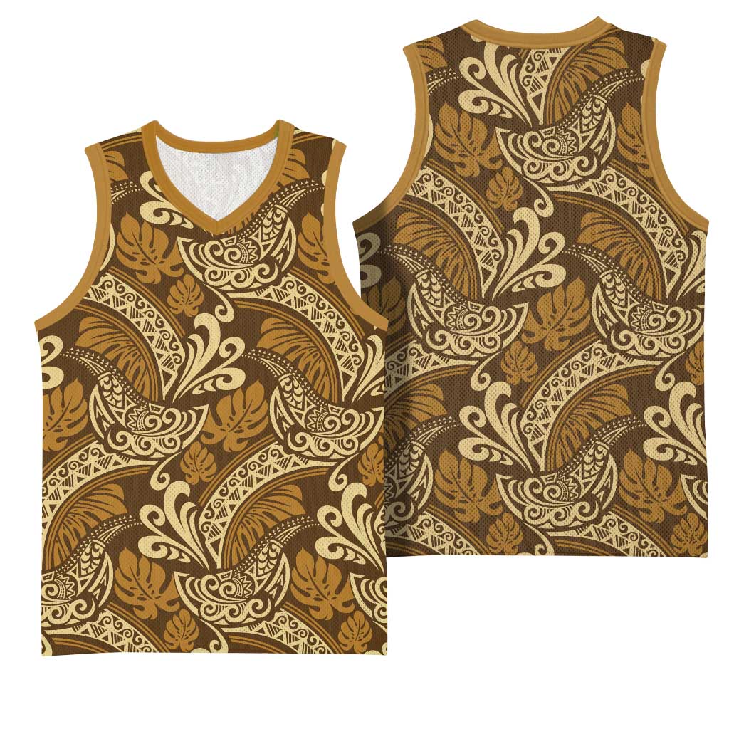Brown Gold Monstera Basketball Jersey Polynesian Tribal Pattern LT01 - Polynesian Pride