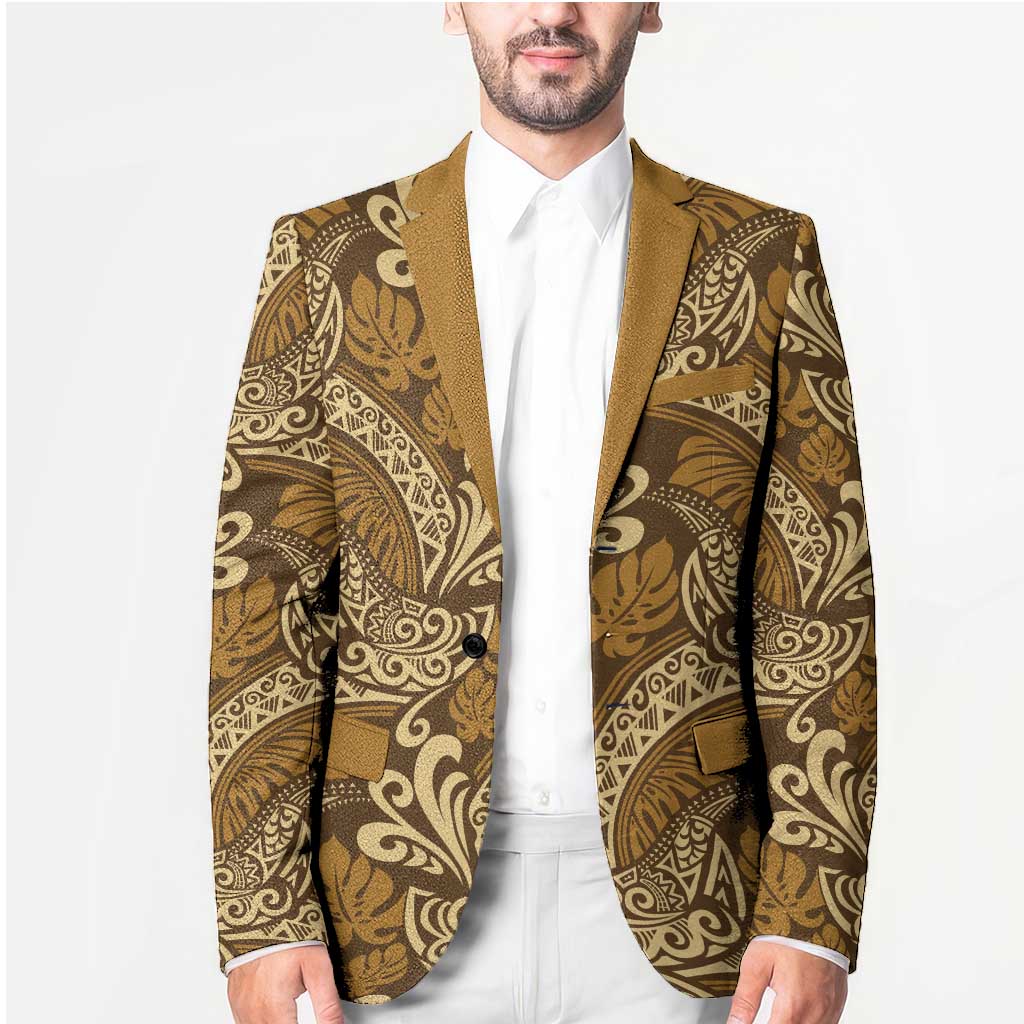 Brown Gold Monstera Blazer Polynesian Tribal Pattern - Polynesian Pride