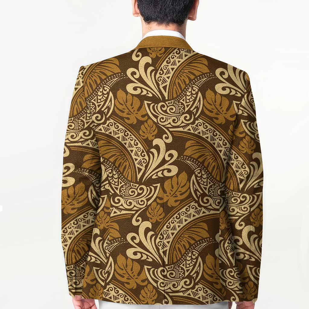 Brown Gold Monstera Blazer Polynesian Tribal Pattern - Polynesian Pride