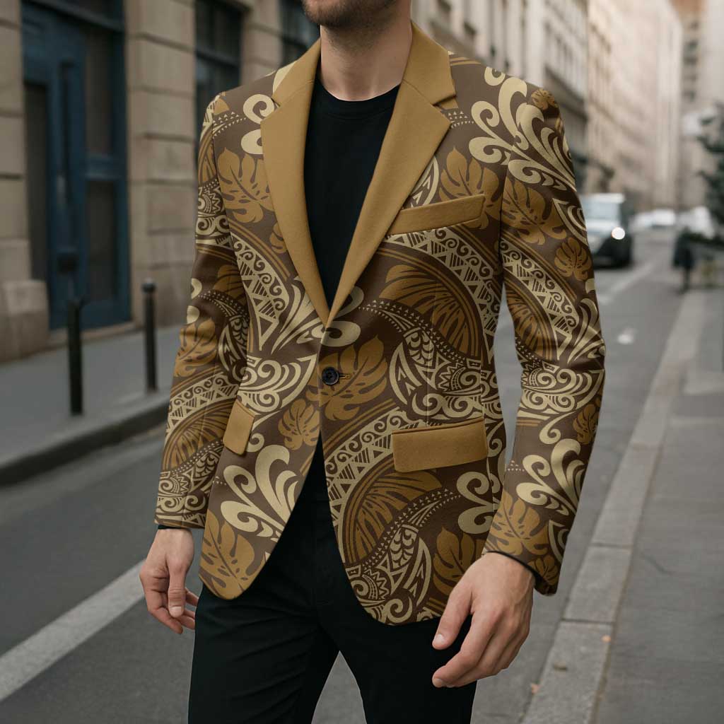 Brown Gold Monstera Blazer Polynesian Tribal Pattern - Polynesian Pride