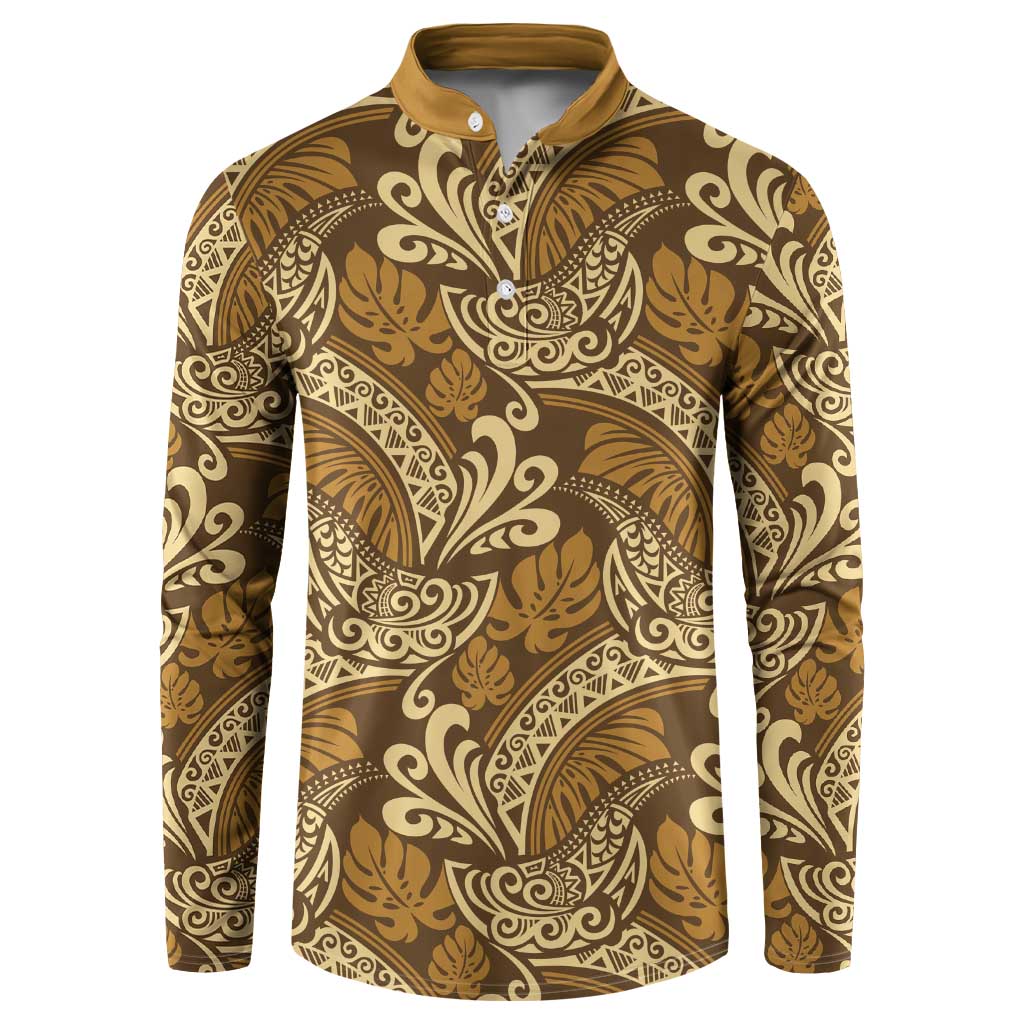 Brown Gold Monstera Button Sweatshirt Polynesian Tribal Pattern LT01 Gold - Polynesian Pride