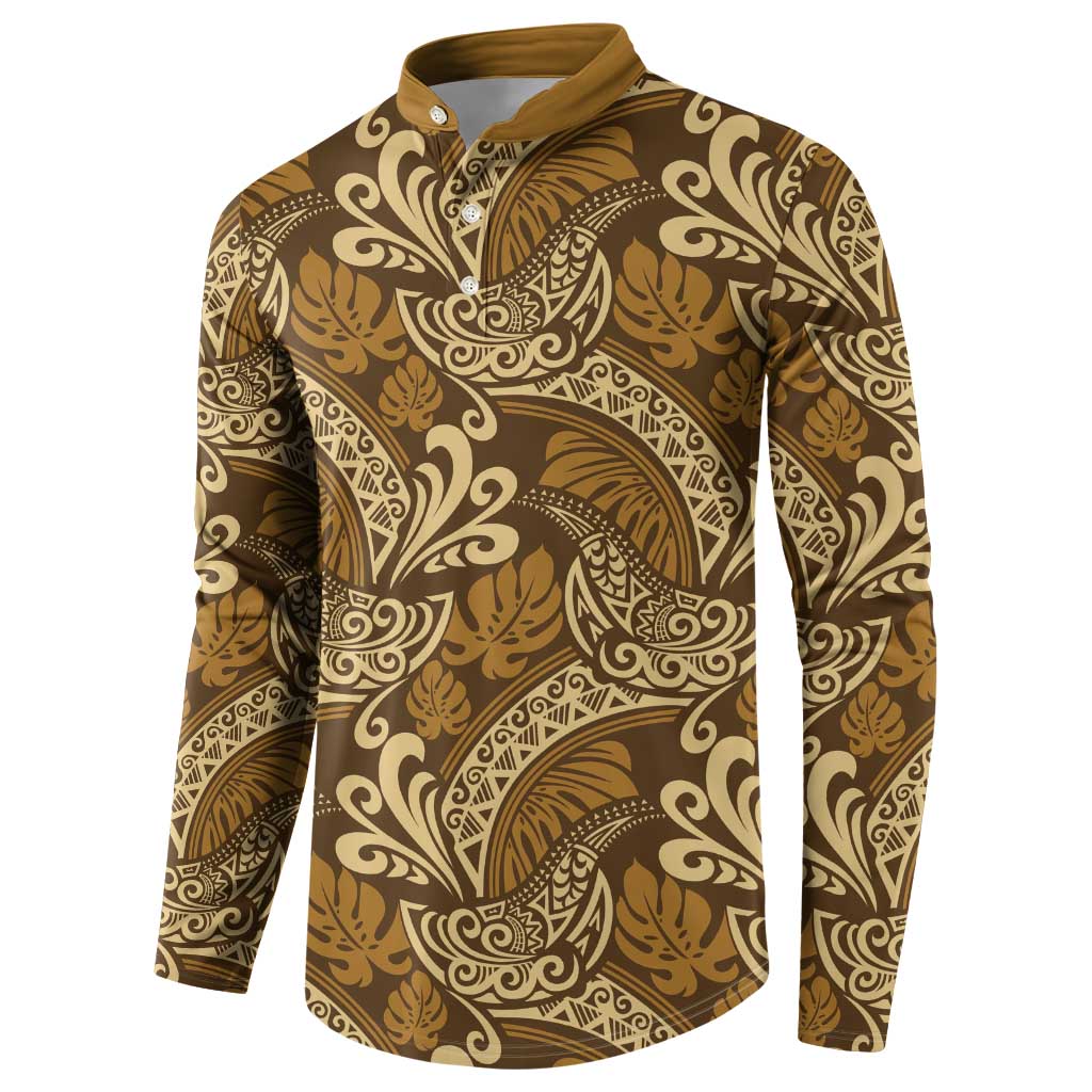 Brown Gold Monstera Button Sweatshirt Polynesian Tribal Pattern LT01 - Polynesian Pride