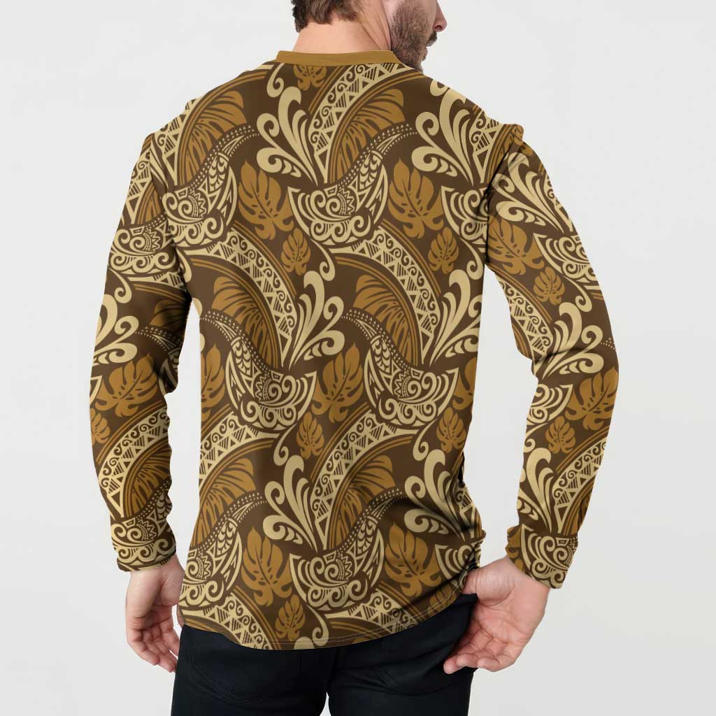Brown Gold Monstera Button Sweatshirt Polynesian Tribal Pattern LT01 - Polynesian Pride