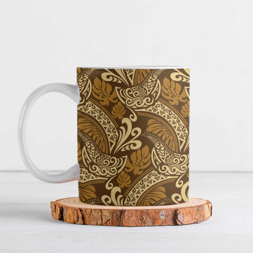 Brown Gold Monstera Ceramic Mug Polynesian Tribal Pattern - Polynesian Pride