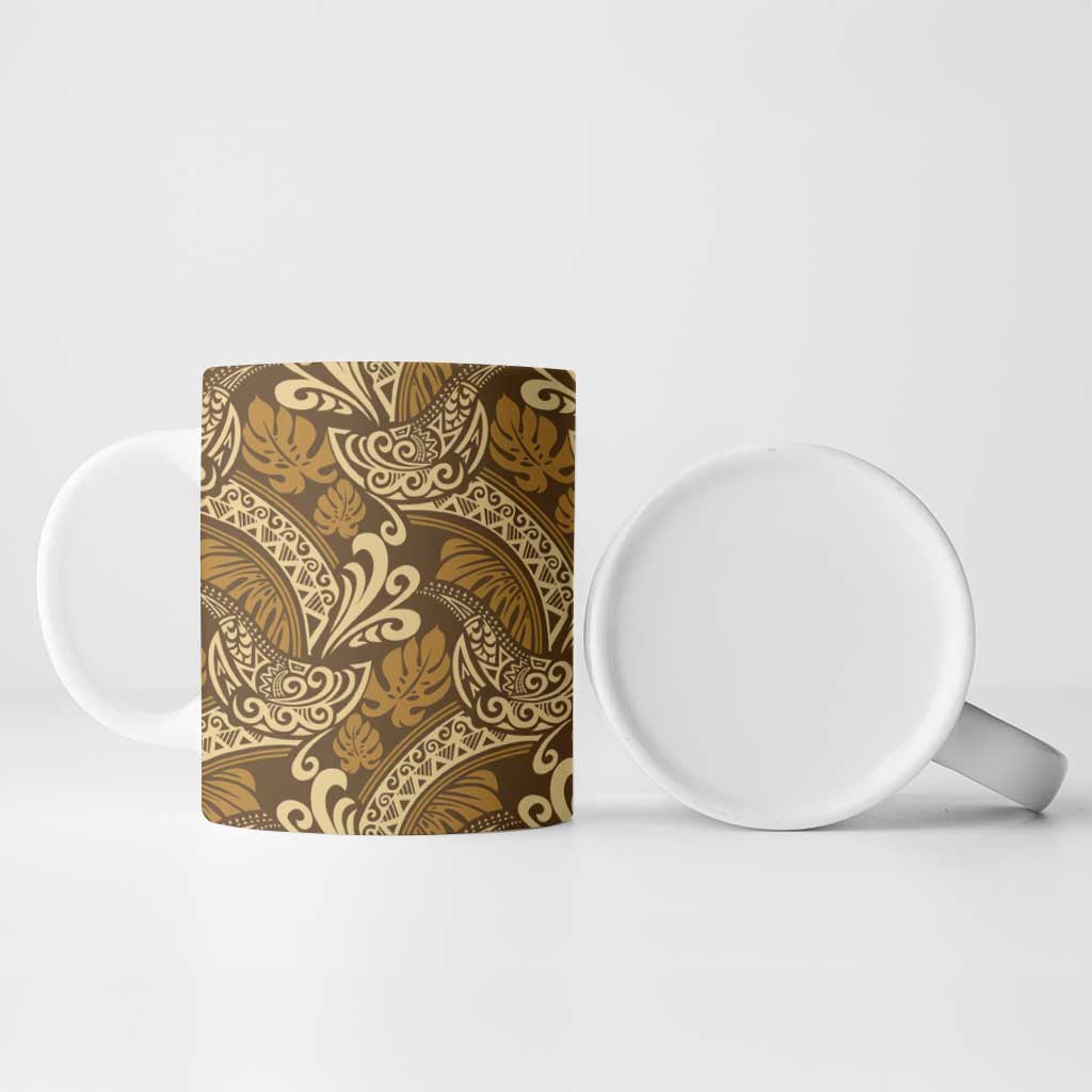 Brown Gold Monstera Ceramic Mug Polynesian Tribal Pattern - Polynesian Pride