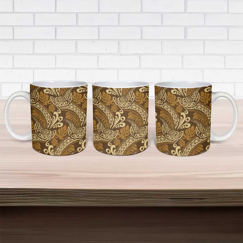 Brown Gold Monstera Ceramic Mug Polynesian Tribal Pattern - Polynesian Pride