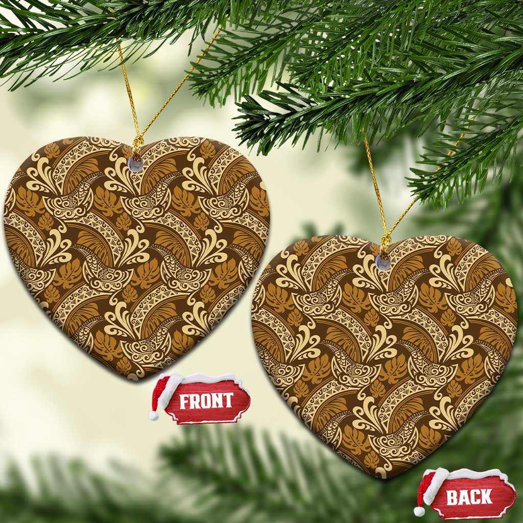 Brown Gold Monstera Ceramic Ornament Polynesian Tribal Pattern LT01 Heart Gold - Polynesian Pride