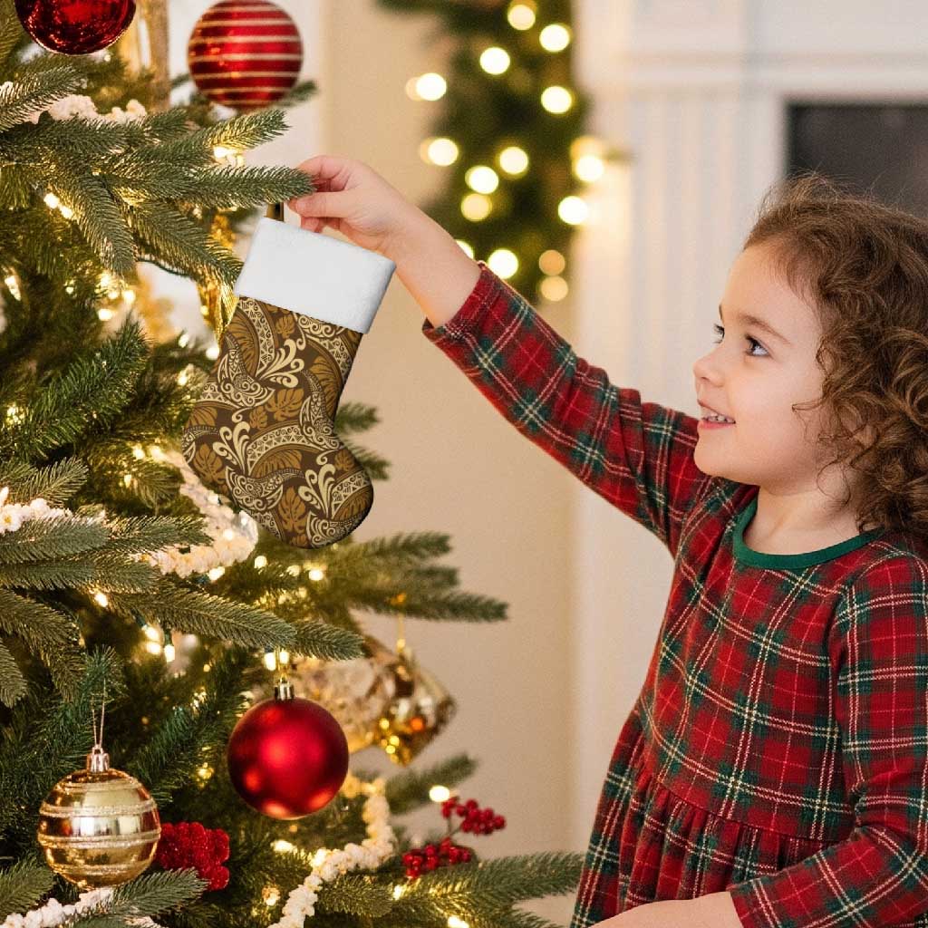 Brown Gold Monstera Christmas Stocking Polynesian Tribal Pattern - Polynesian Pride