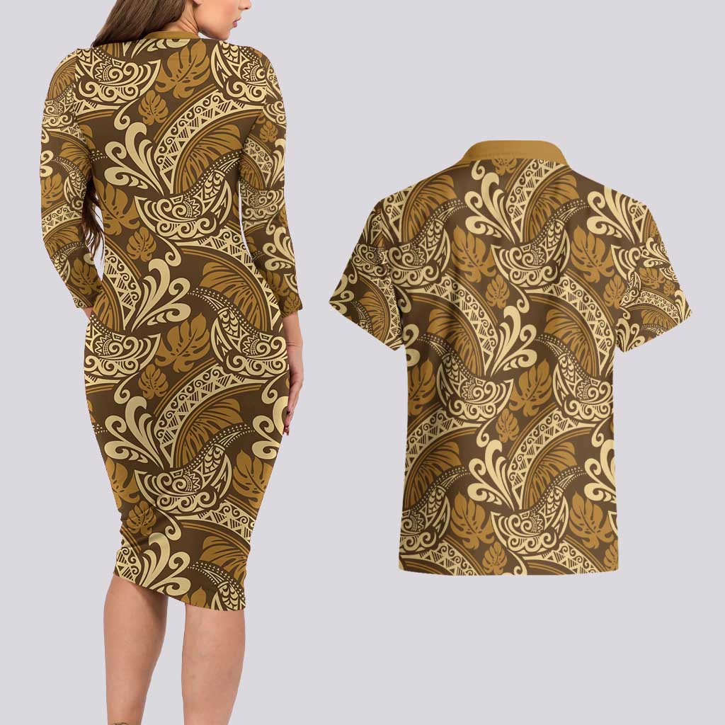 Brown Gold Monstera Couples Matching Long Sleeve Bodycon Dress and Hawaiian Shirt Polynesian Tribal Pattern - Polynesian Pride