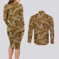 Brown Gold Monstera Couples Matching Long Sleeve Bodycon Dress and Long Sleeve Button Shirt Polynesian Tribal Pattern - Polynesian Pride