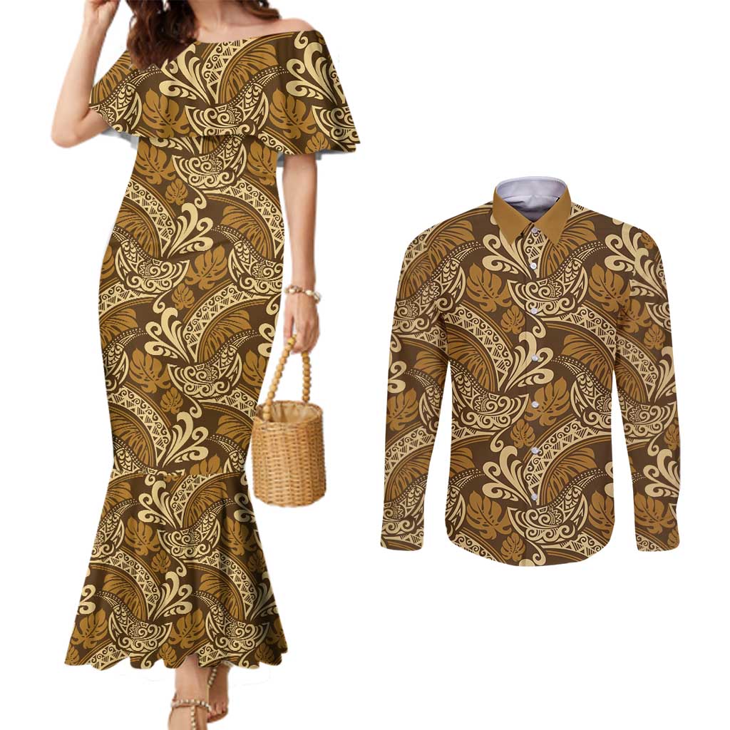 Brown Gold Monstera Couples Matching Mermaid Dress and Long Sleeve Button Shirt Polynesian Tribal Pattern - Polynesian Pride