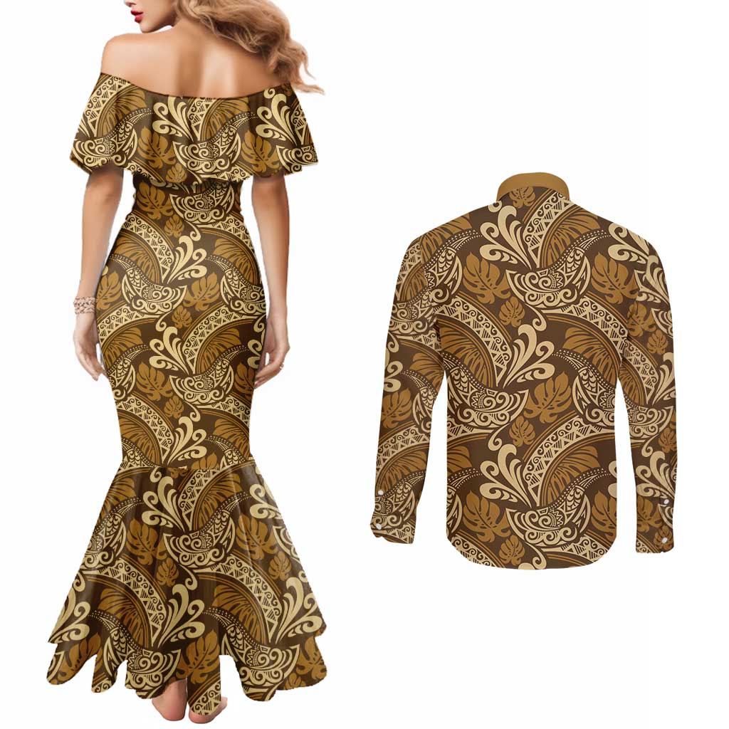 Brown Gold Monstera Couples Matching Mermaid Dress and Long Sleeve Button Shirt Polynesian Tribal Pattern LT01 - Polynesian Pride