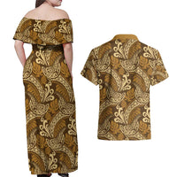 Brown Gold Monstera Couples Matching Off Shoulder Maxi Dress and Hawaiian Shirt Polynesian Tribal Pattern - Polynesian Pride