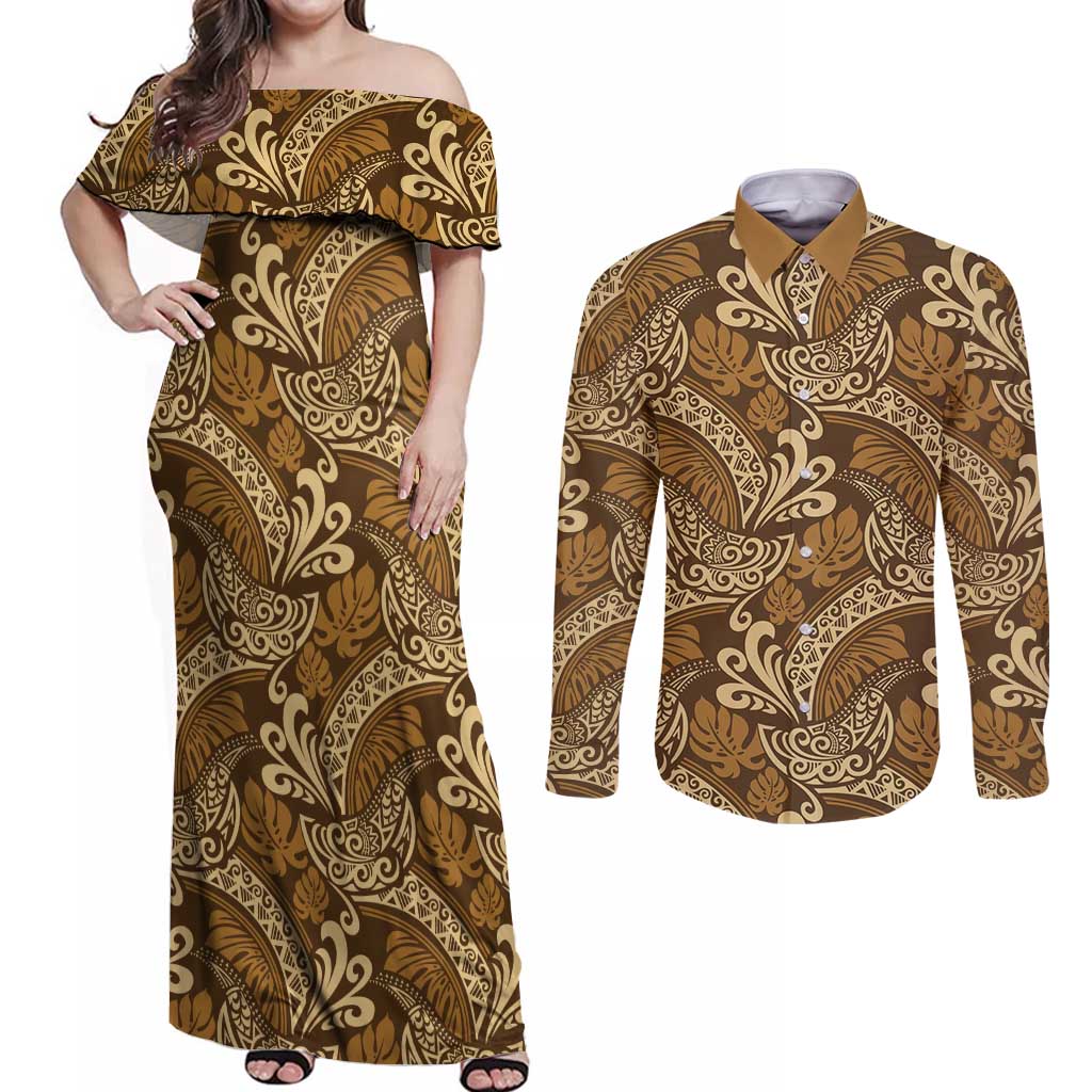 Brown Gold Monstera Couples Matching Off Shoulder Maxi Dress and Long Sleeve Button Shirt Polynesian Tribal Pattern - Polynesian Pride