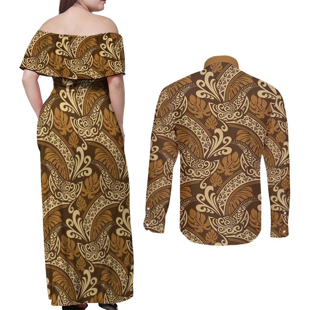 Brown Gold Monstera Couples Matching Off Shoulder Maxi Dress and Long Sleeve Button Shirt Polynesian Tribal Pattern LT01 - Polynesian Pride
