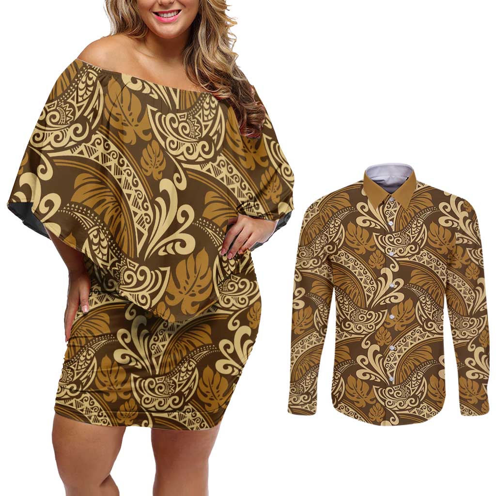 Brown Gold Monstera Couples Matching Off Shoulder Short Dress and Long Sleeve Button Shirt Polynesian Tribal Pattern LT01 Gold - Polynesian Pride