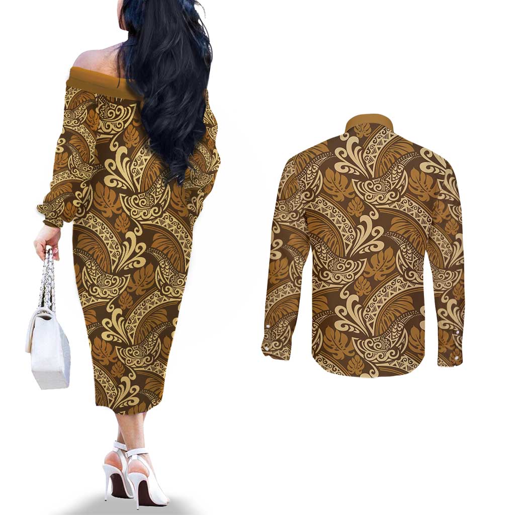 Brown Gold Monstera Couples Matching Off The Shoulder Long Sleeve Dress and Long Sleeve Button Shirt Polynesian Tribal Pattern - Polynesian Pride