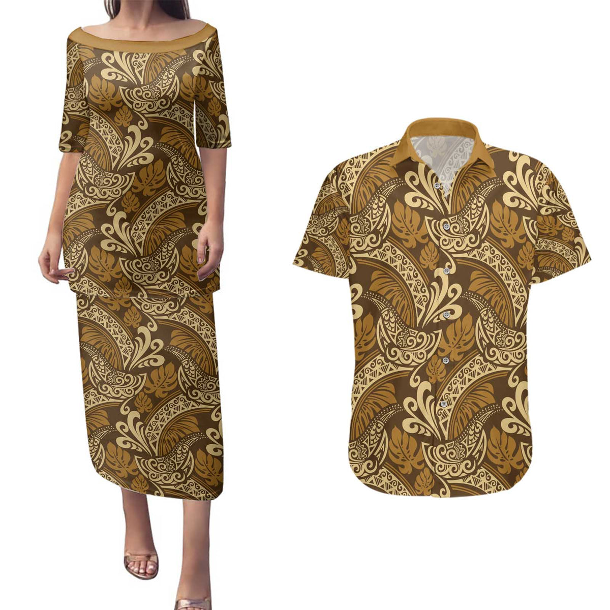 Brown Gold Monstera Couples Matching Puletasi and Hawaiian Shirt Polynesian Tribal Pattern LT01 Gold - Polynesian Pride