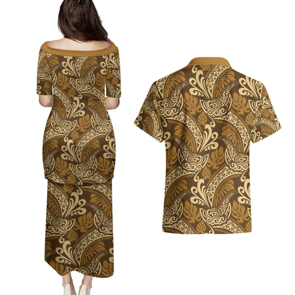 Brown Gold Monstera Couples Matching Puletasi and Hawaiian Shirt Polynesian Tribal Pattern LT01 - Polynesian Pride