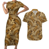 Brown Gold Monstera Couples Matching Short Sleeve Bodycon Dress and Hawaiian Shirt Polynesian Tribal Pattern - Polynesian Pride