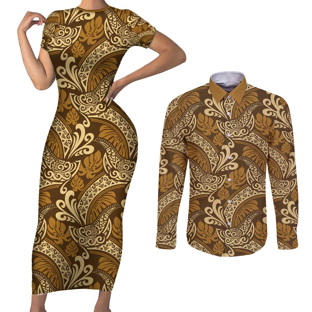 Brown Gold Monstera Couples Matching Short Sleeve Bodycon Dress and Long Sleeve Button Shirt Polynesian Tribal Pattern - Polynesian Pride