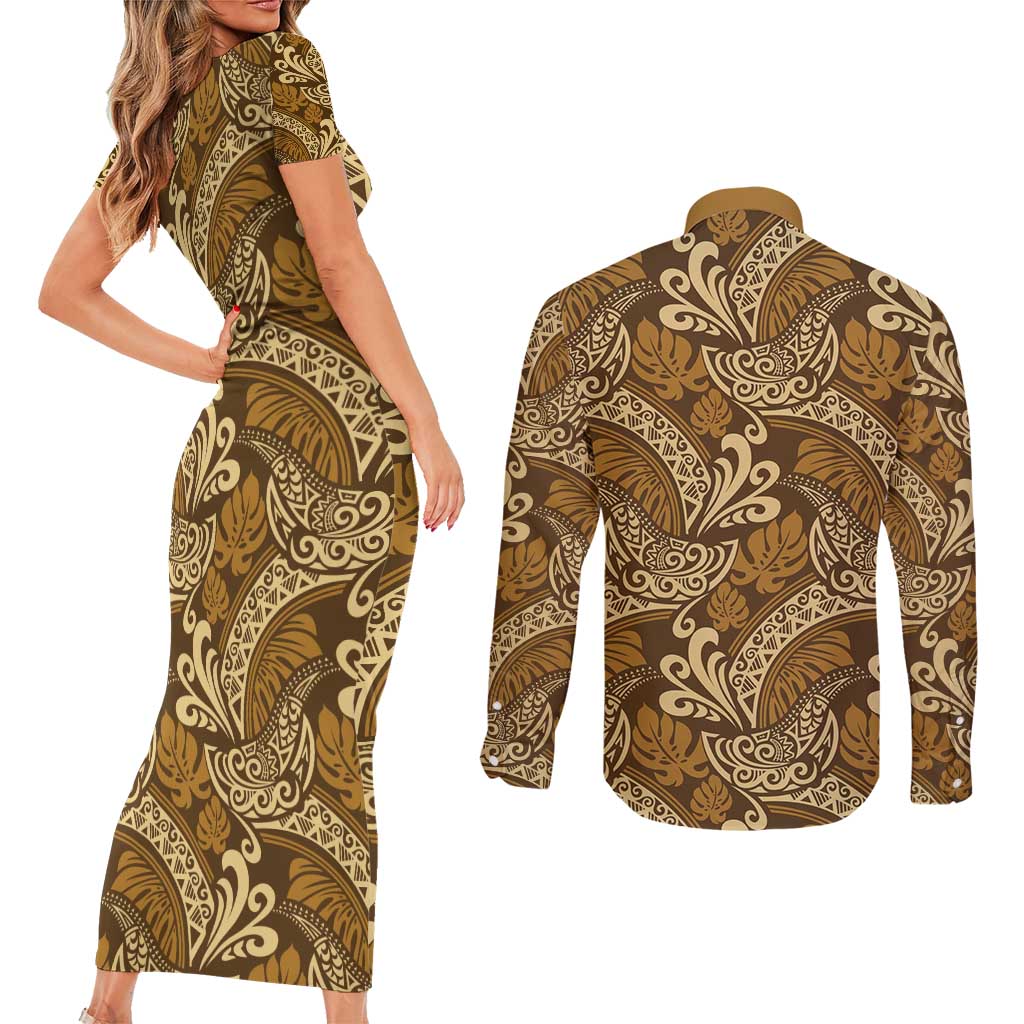 Brown Gold Monstera Couples Matching Short Sleeve Bodycon Dress and Long Sleeve Button Shirt Polynesian Tribal Pattern - Polynesian Pride
