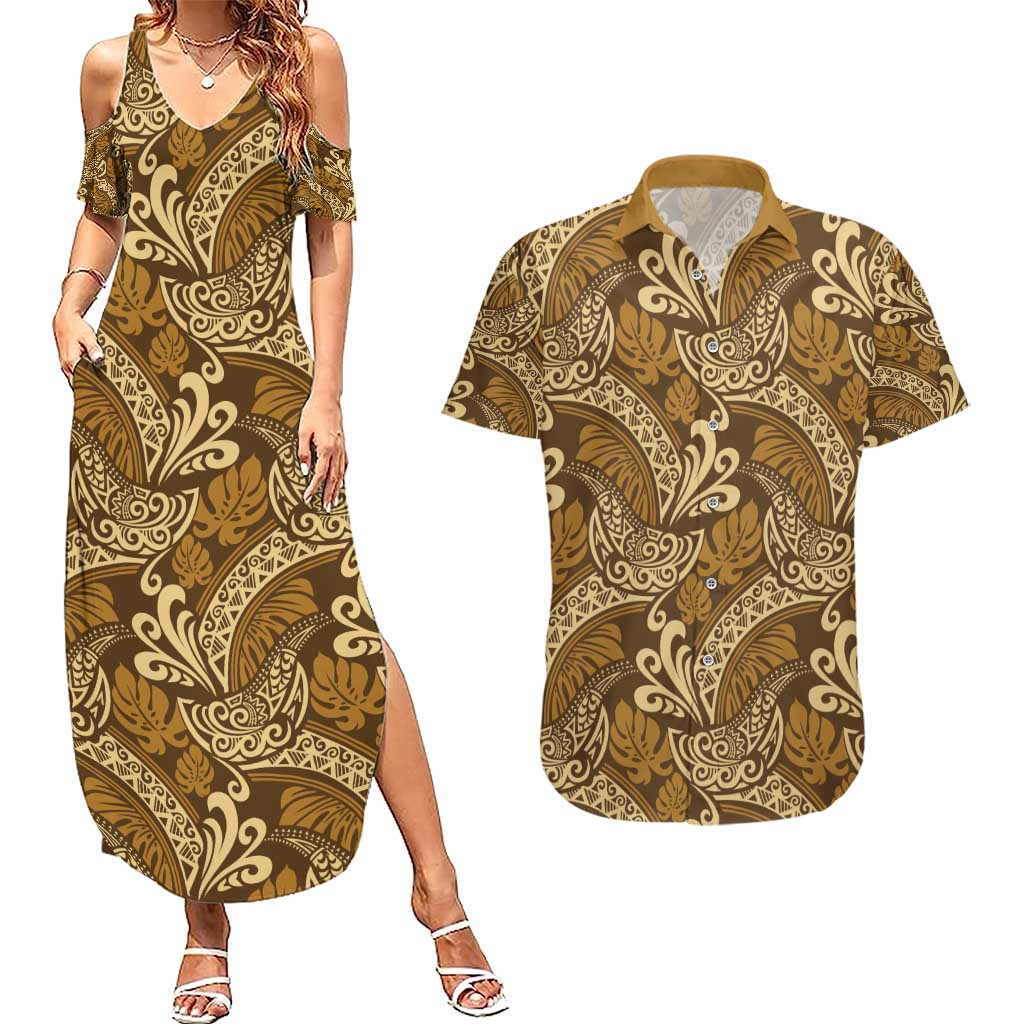 Brown Gold Monstera Couples Matching Summer Maxi Dress and Hawaiian Shirt Polynesian Tribal Pattern - Polynesian Pride