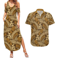 Brown Gold Monstera Couples Matching Summer Maxi Dress and Hawaiian Shirt Polynesian Tribal Pattern LT01 Gold - Polynesian Pride