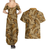 Brown Gold Monstera Couples Matching Summer Maxi Dress and Hawaiian Shirt Polynesian Tribal Pattern LT01 - Polynesian Pride