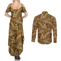 Brown Gold Monstera Couples Matching Summer Maxi Dress and Long Sleeve Button Shirt Polynesian Tribal Pattern LT01 - Polynesian Pride
