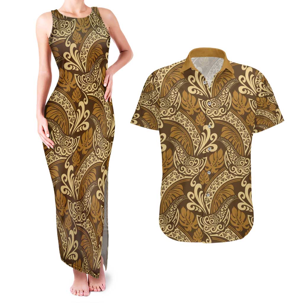 Brown Gold Monstera Couples Matching Tank Maxi Dress and Hawaiian Shirt Polynesian Tribal Pattern - Polynesian Pride