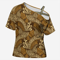Brown Gold Monstera Cross Shoulder Shirt Polynesian Tribal Pattern LT01 Female Gold - Polynesian Pride