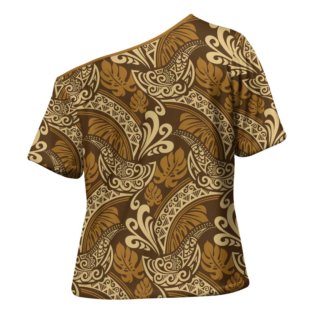 Brown Gold Monstera Cross Shoulder Shirt Polynesian Tribal Pattern LT01 - Polynesian Pride
