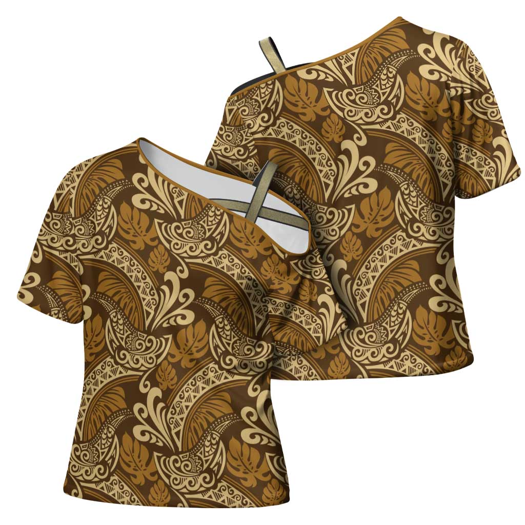 Brown Gold Monstera Cross Shoulder Shirt Polynesian Tribal Pattern LT01 - Polynesian Pride