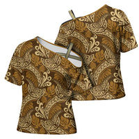 Brown Gold Monstera Cross Shoulder Shirt Polynesian Tribal Pattern LT01 - Polynesian Pride