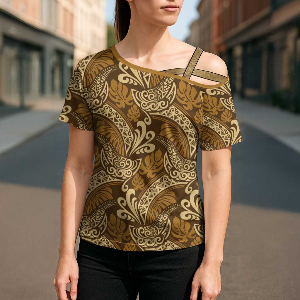 Brown Gold Monstera Cross Shoulder Shirt Polynesian Tribal Pattern LT01 - Polynesian Pride