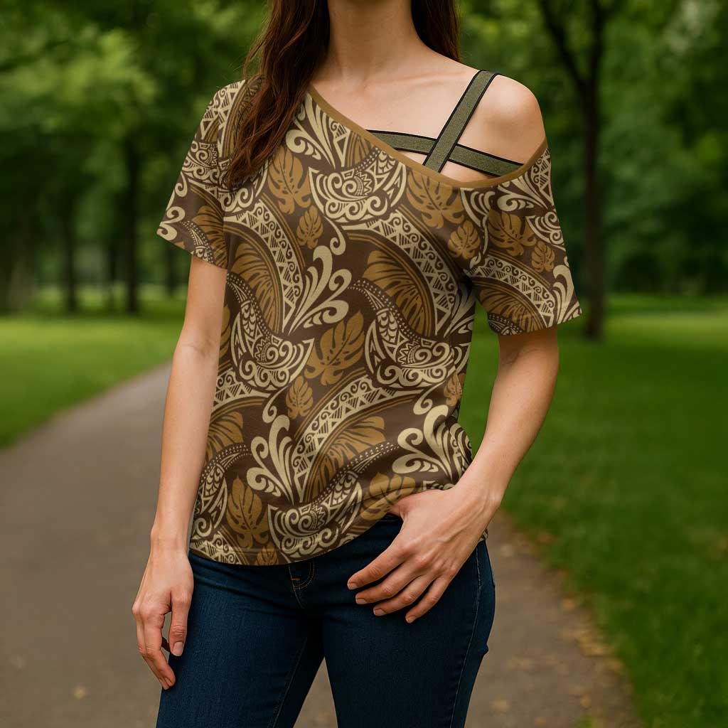 Brown Gold Monstera Cross Shoulder Shirt Polynesian Tribal Pattern LT01 - Polynesian Pride