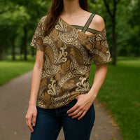 Brown Gold Monstera Cross Shoulder Shirt Polynesian Tribal Pattern LT01 - Polynesian Pride