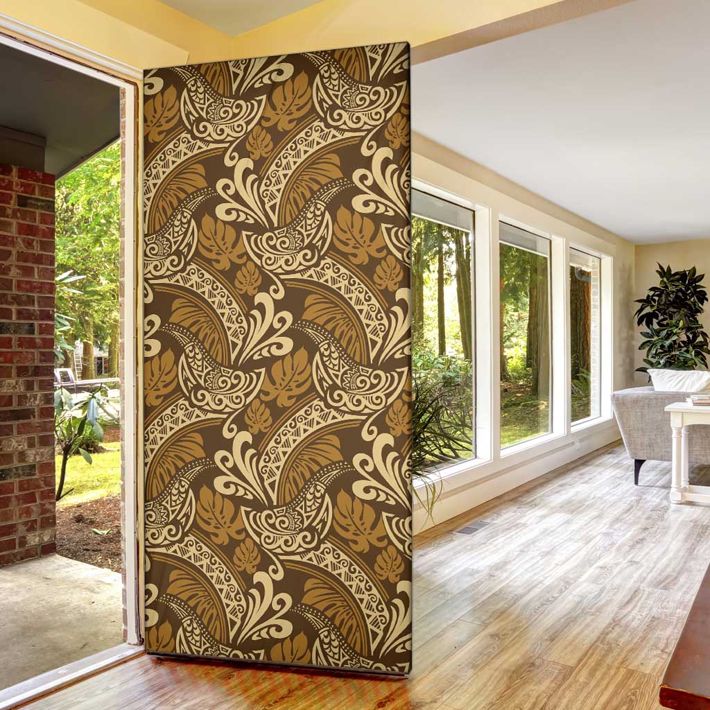 Brown Gold Monstera Door Cover Polynesian Tribal Pattern - Polynesian Pride