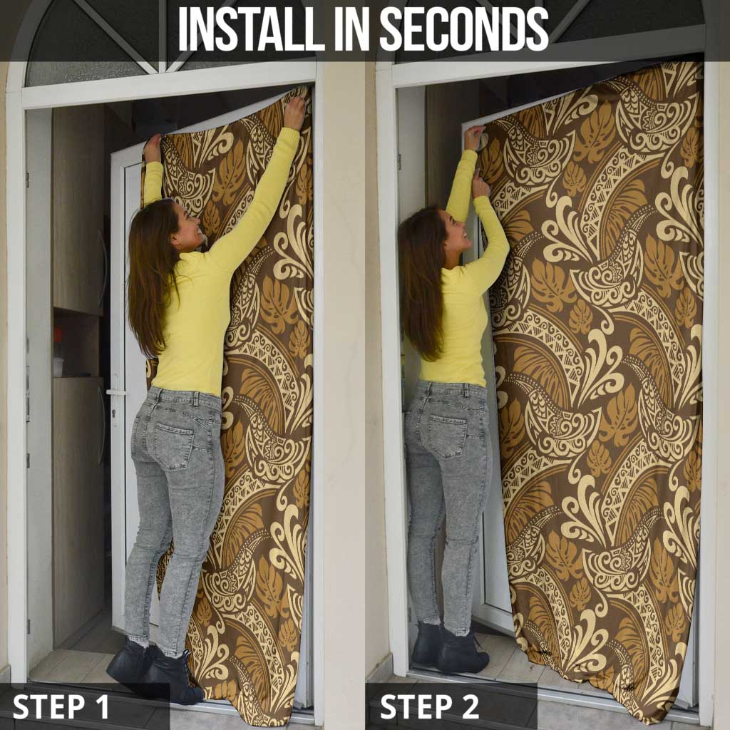 Brown Gold Monstera Door Cover Polynesian Tribal Pattern - Polynesian Pride