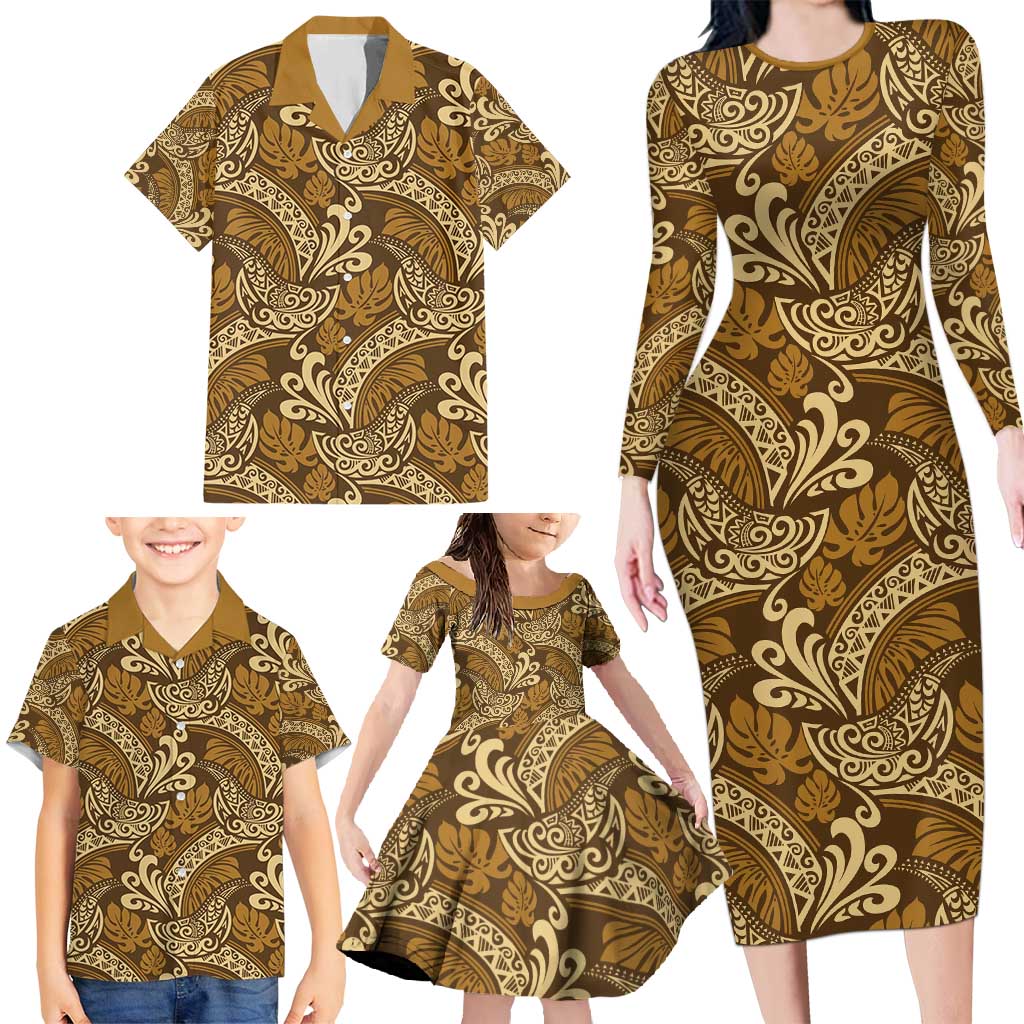 Brown Gold Monstera Family Matching Long Sleeve Bodycon Dress and Hawaiian Shirt Polynesian Tribal Pattern - Polynesian Pride