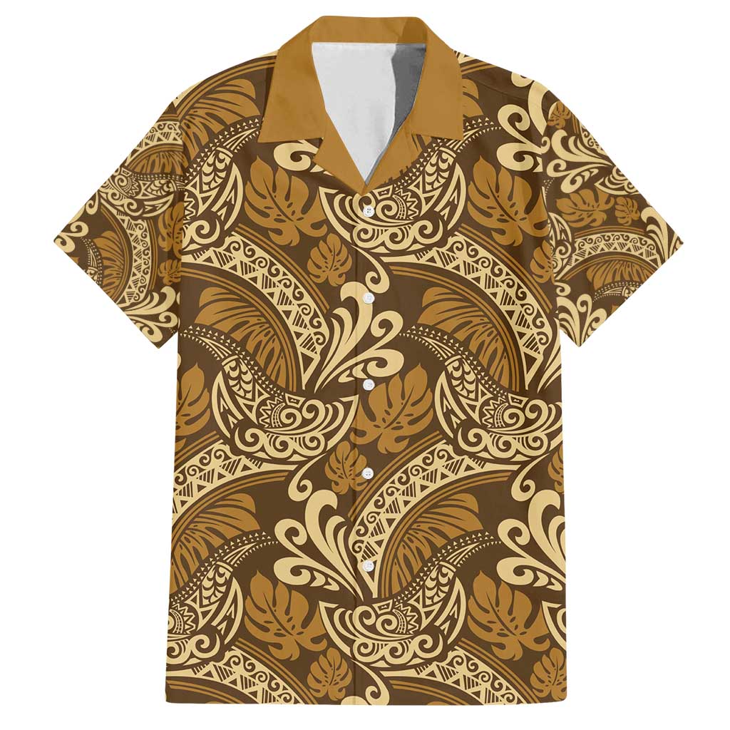 Brown Gold Monstera Family Matching Long Sleeve Bodycon Dress and Hawaiian Shirt Polynesian Tribal Pattern - Polynesian Pride