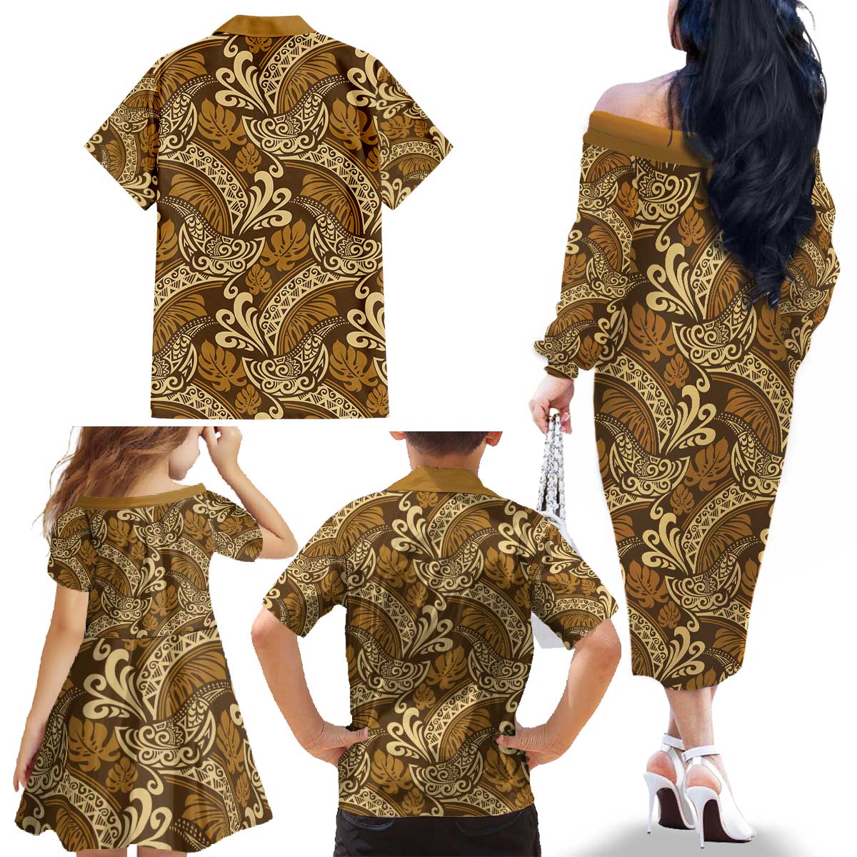 Brown Gold Monstera Family Matching Off The Shoulder Long Sleeve Dress and Hawaiian Shirt Polynesian Tribal Pattern - Polynesian Pride