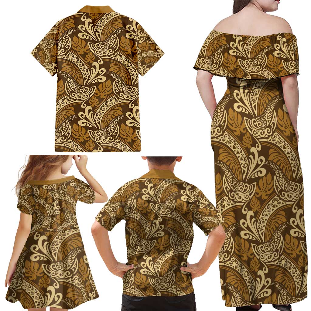 Brown Gold Monstera Family Matching Off Shoulder Maxi Dress and Hawaiian Shirt Polynesian Tribal Pattern - Polynesian Pride