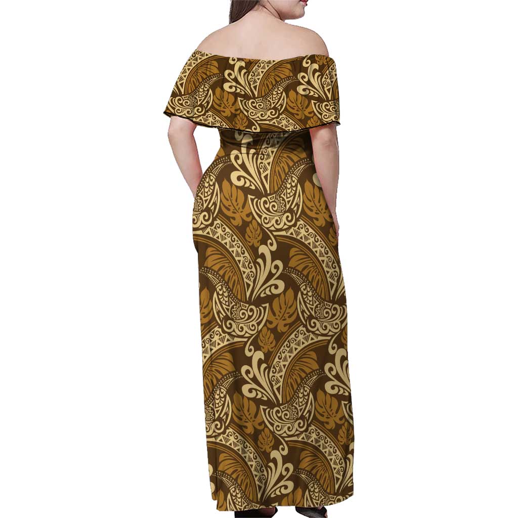 Brown Gold Monstera Family Matching Off Shoulder Maxi Dress and Hawaiian Shirt Polynesian Tribal Pattern - Polynesian Pride